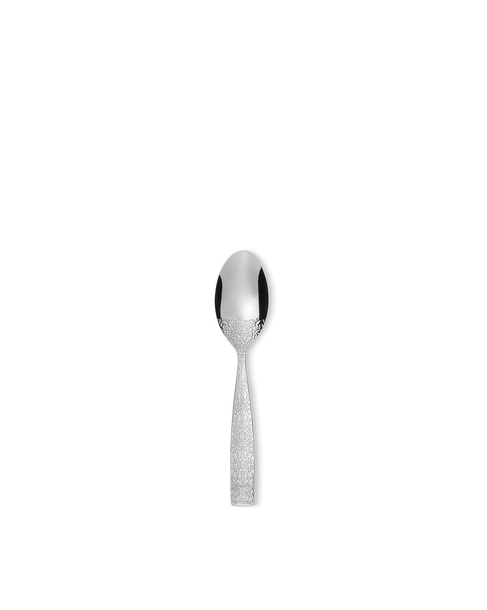Polished metal spoon by Alessi with an intricate embossed scroll pattern on the handle and neck.