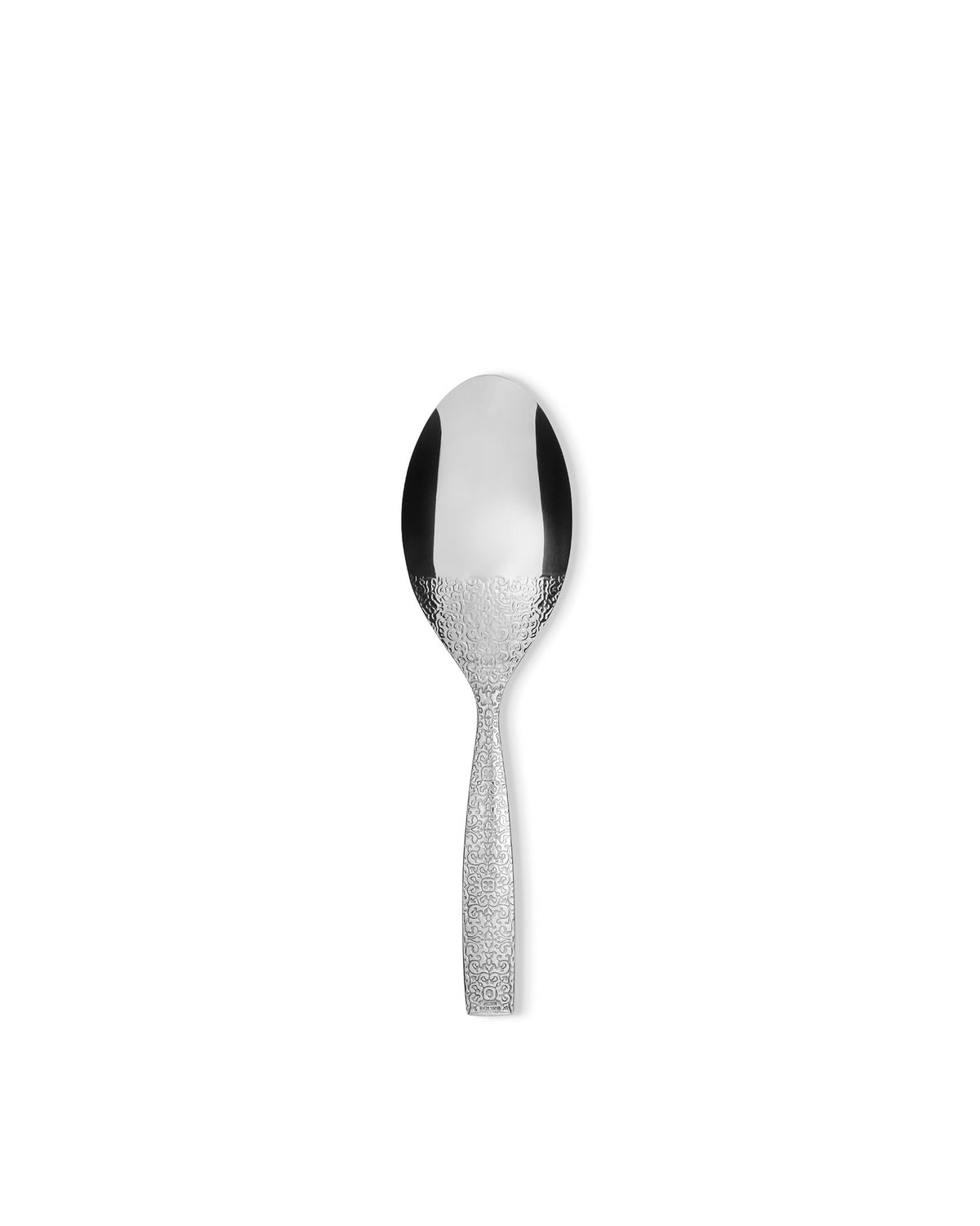 Silver metal spoon by Alessi with an ornate etched pattern on the handle and lower bowl.