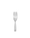 Silver four-tine fork by Alessi with an intricate scrollwork pattern on the handle and neck.