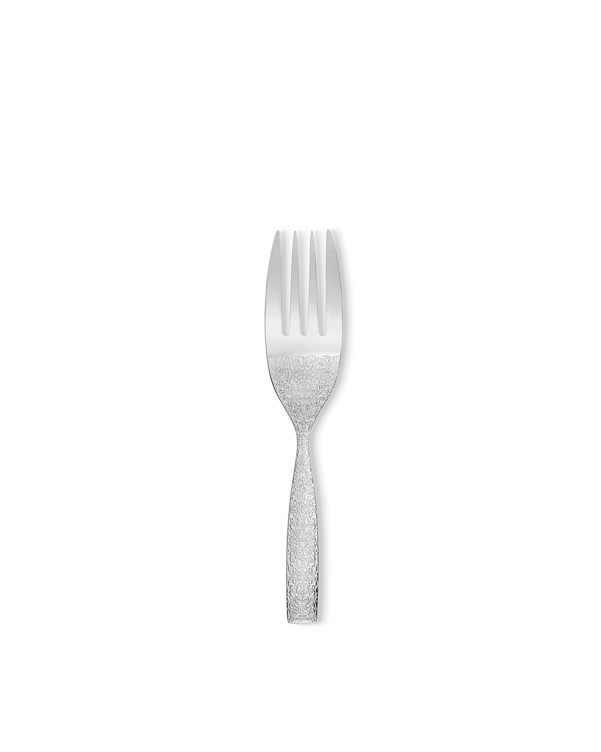 Silver four-tine fork by Alessi with an intricate scrollwork pattern on the handle and neck.