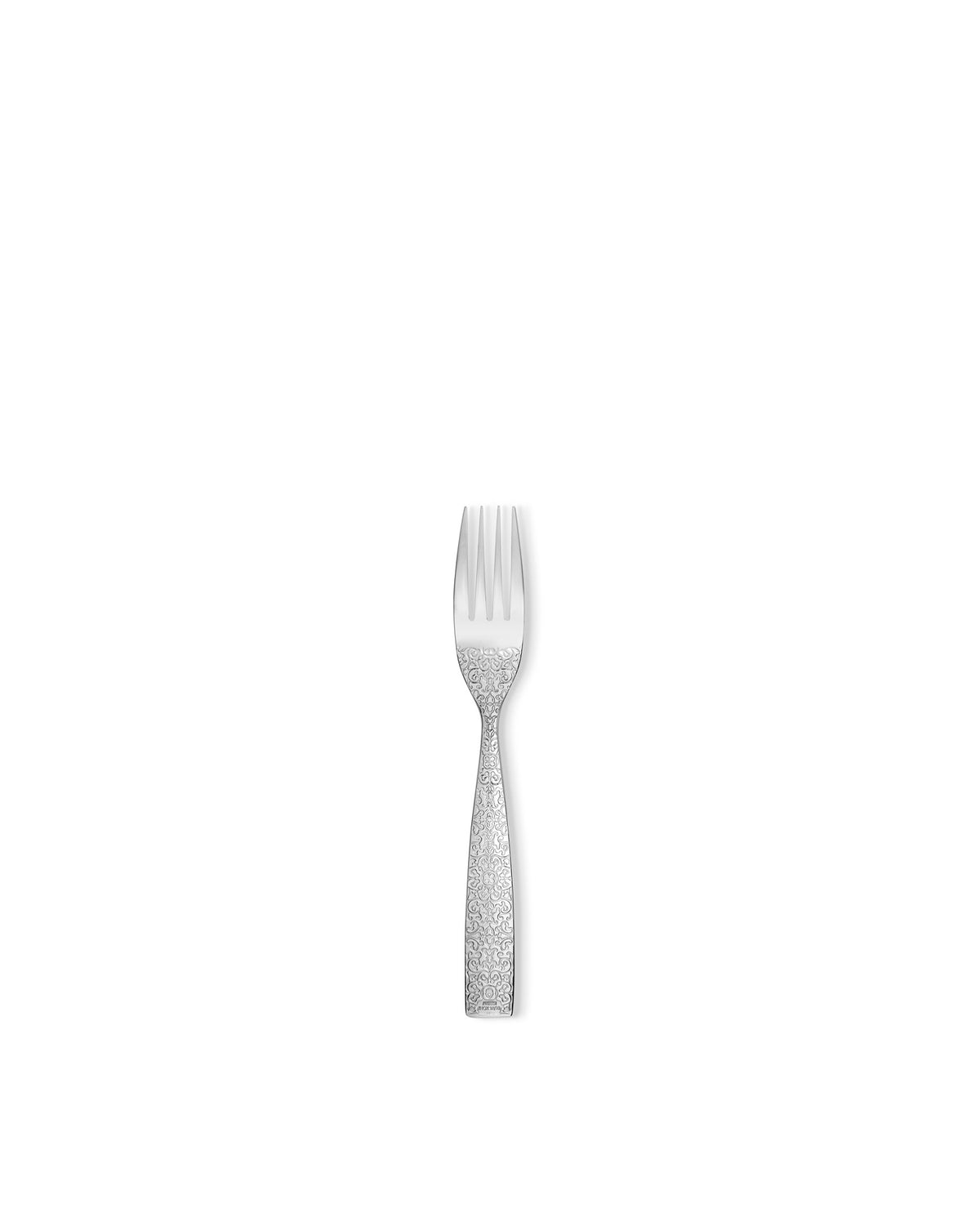 Silver metal fork by Alessi with a decorative scroll pattern on the handle.