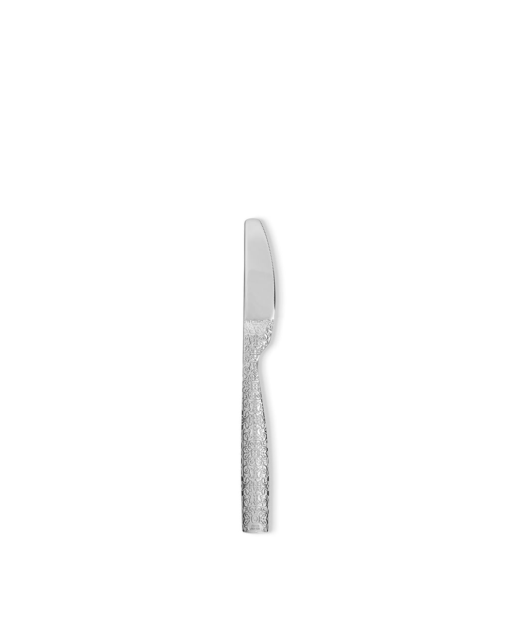 Silver stainless steel knife from Alessi with an ornate Baroque-inspired etched pattern on its handle.