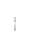 Silver fork by Alessi with an ornate floral pattern engraved on the handle, isolated on white.