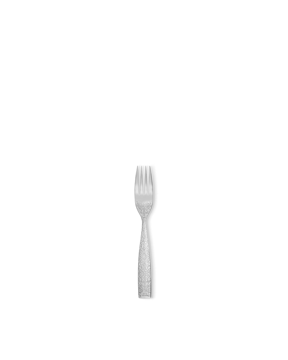 Silver fork by Alessi with an ornate floral pattern engraved on the handle, isolated on white.