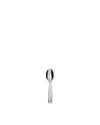Polished stainless steel spoon by Alessi with an ornate pattern on its handle and bowl.