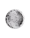 Silver decorative plate by Alessi, round with a highly faceted, geometric crumpled surface.