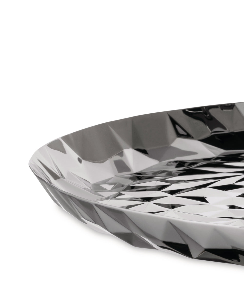Silver reflective faceted tray by Alessi, featuring a modern geometric design, cropped view.
