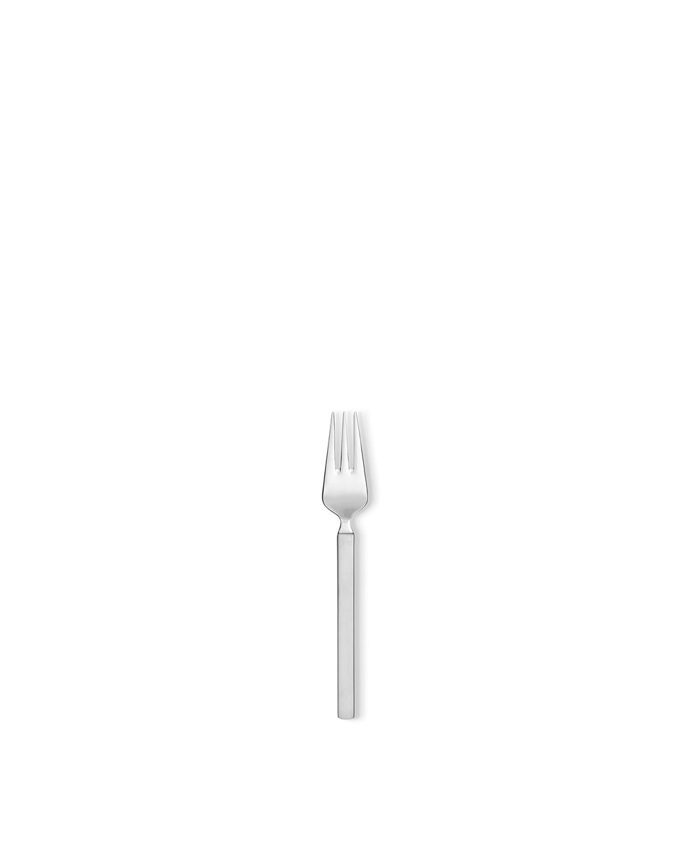 Silver three-tined fork by Alessi with a polished finish and minimalist handle, viewed vertically.