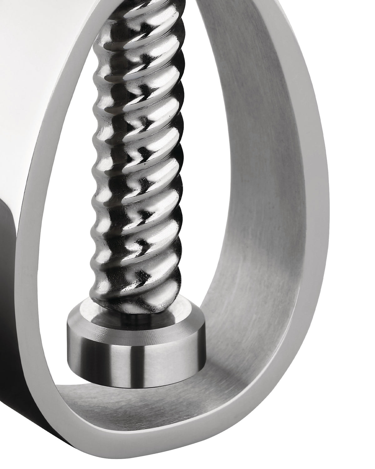 Silver metal nutcracker by Alessi, with a polished helical screw and brushed curved frame.