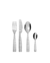 Silver stainless steel cutlery set by Alessi with ornate etched scrollwork handles, arranged vertically.