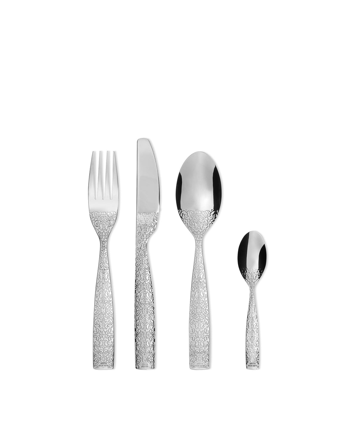 Silver stainless steel cutlery set by Alessi with ornate etched scrollwork handles, arranged vertically.