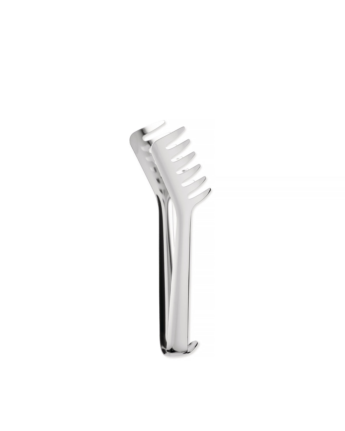 Polished stainless steel pasta tongs by Alessi, featuring wavy, comb-like prongs.