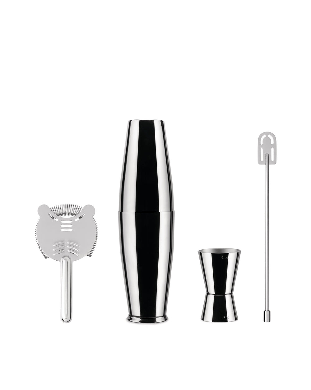 Polished silver stainless steel cocktail shaker set by Alessi, with jigger, strainer, and stirring spoon on white.