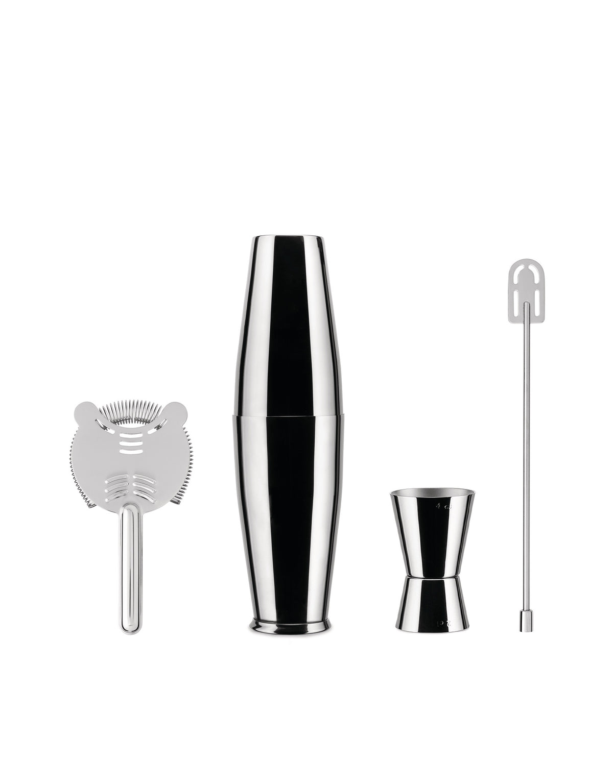 Polished silver stainless steel cocktail shaker set by Alessi, with jigger, strainer, and stirring spoon on white.