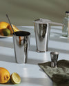 Silver stainless steel barware set by Alessi, featuring a shaker, jigger, and stirrer, displayed on a light surface with lemons and limes.