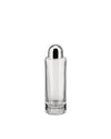 Clear glass oil cruet by Alessi with a cylindrical body and a shiny chrome dome cap.