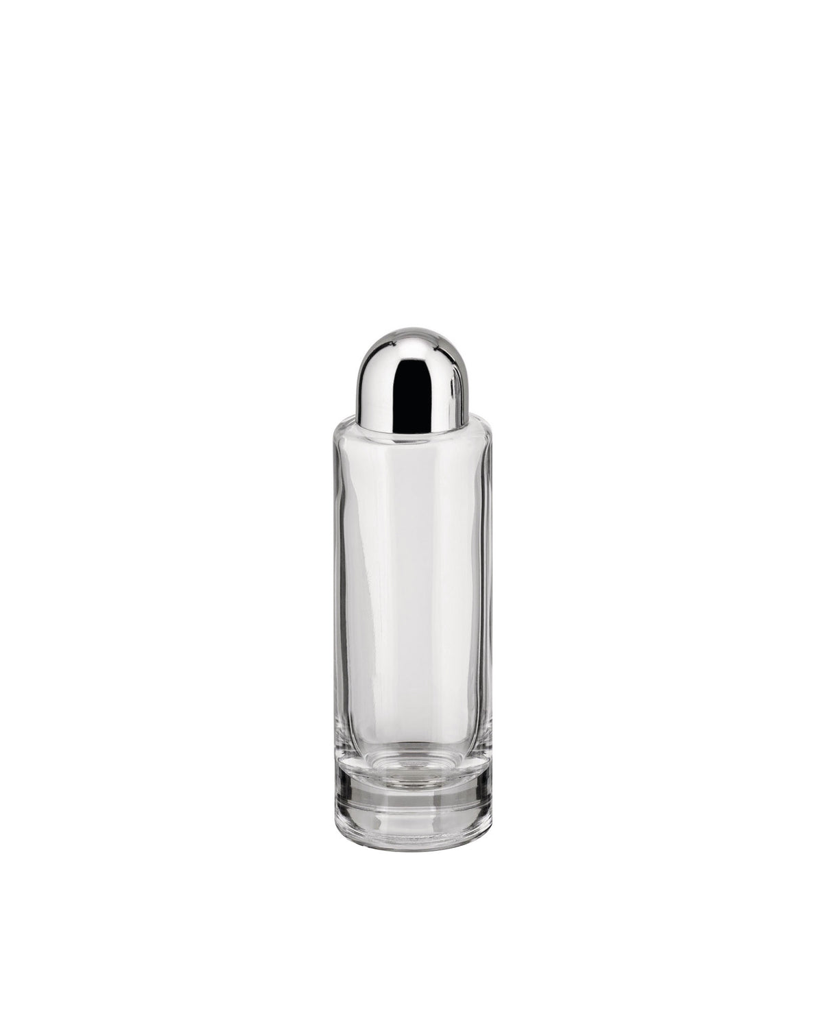 Clear glass oil cruet by Alessi with a cylindrical body and a shiny chrome dome cap.