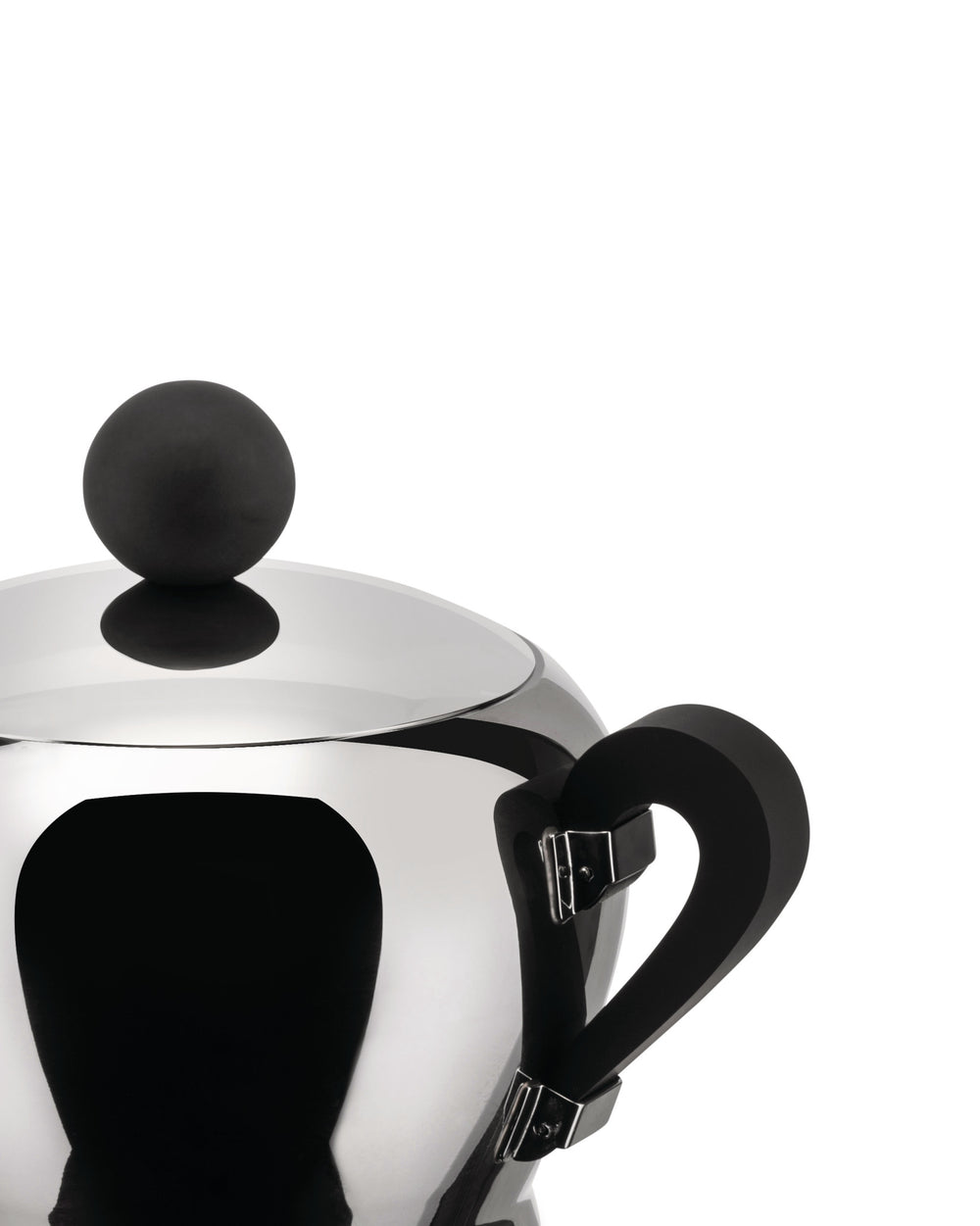Polished stainless steel Bombé-style pot by Alessi, with a black spherical lid knob and curved handle.