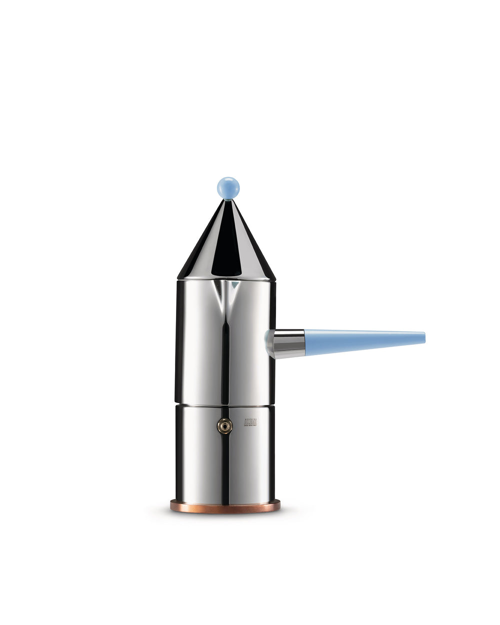 Silver conical moka pot by Alessi with a light blue handle, matching ball finial, and copper base.