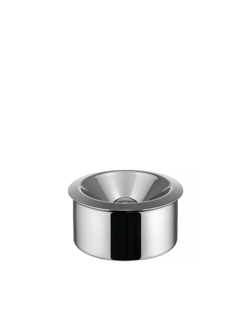 Polished stainless steel ashtray by Alessi, with a shiny, funnel-shaped opening.