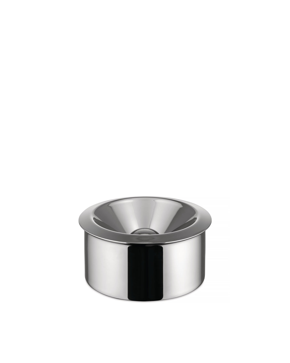 Polished stainless steel ashtray by Alessi, with a shiny, funnel-shaped opening.