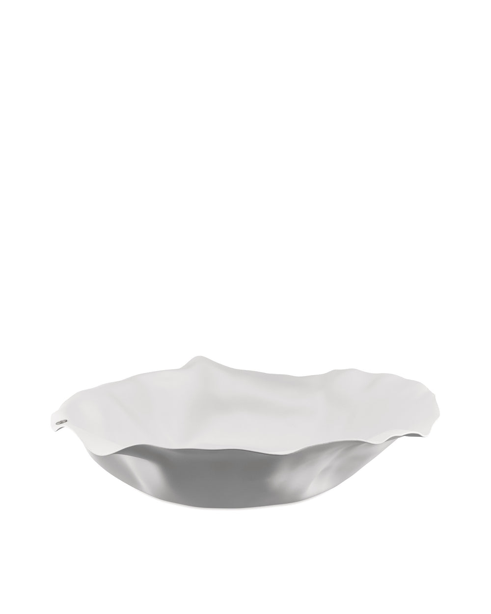 White and silver wavy serving bowl by Alessi, with a distinctive ruffled edge.