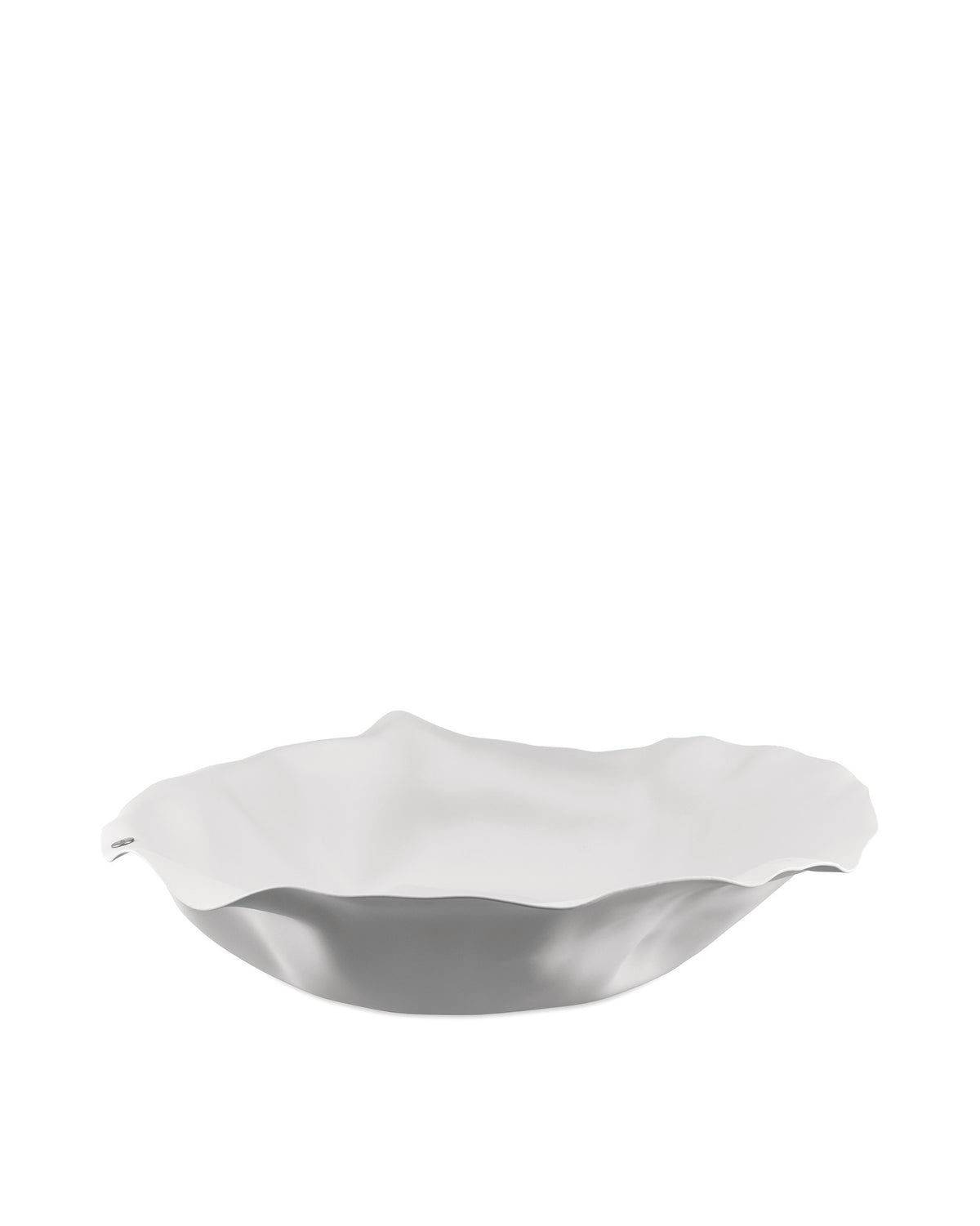 White and silver wavy serving bowl by Alessi, with a distinctive ruffled edge.