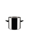 Polished stainless steel cooking pot by Alessi with black loop-shaped handles.