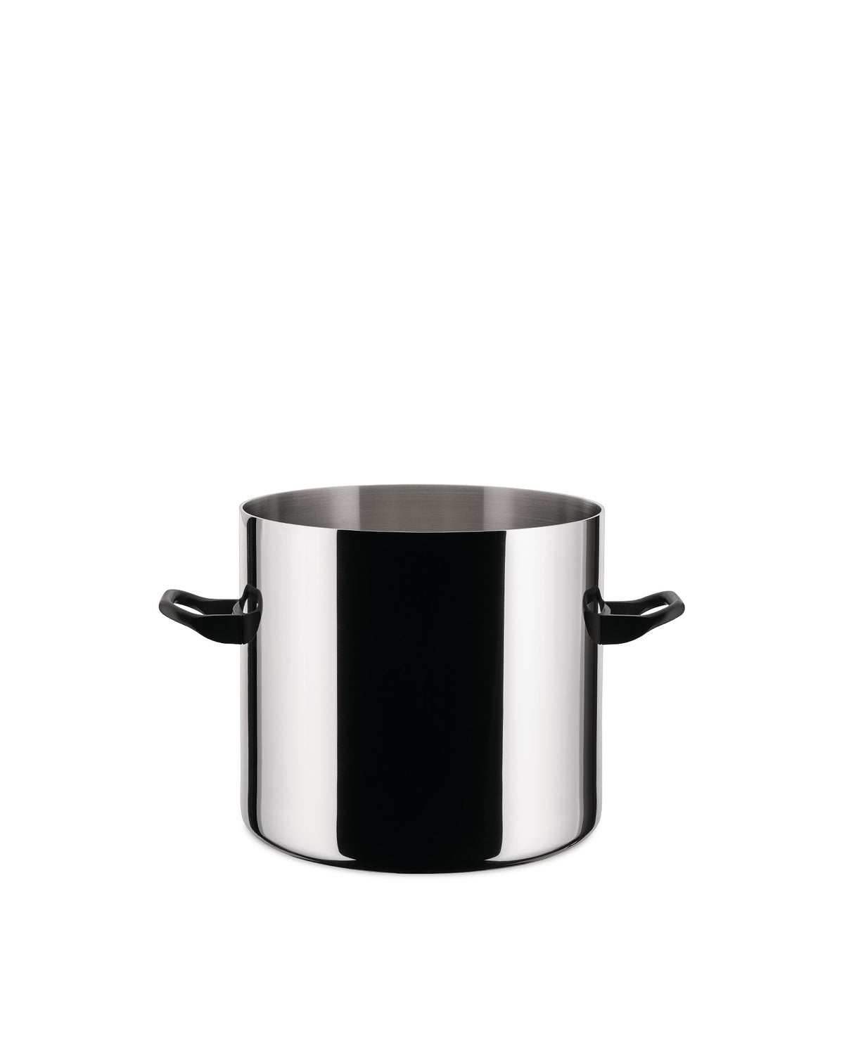 Polished stainless steel cooking pot by Alessi with black loop-shaped handles.