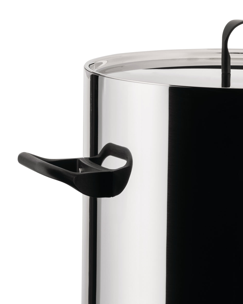 Stainless steel pot by Alessi with reflective surface and black ergonomic side and lid handles, shown cropped.