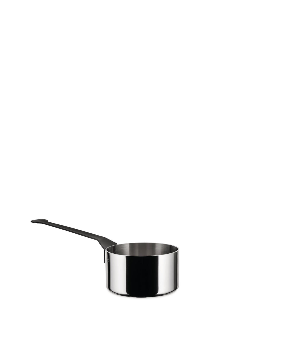 Stainless steel saucepan by Alessi with a long black handle, shown from an angled view.