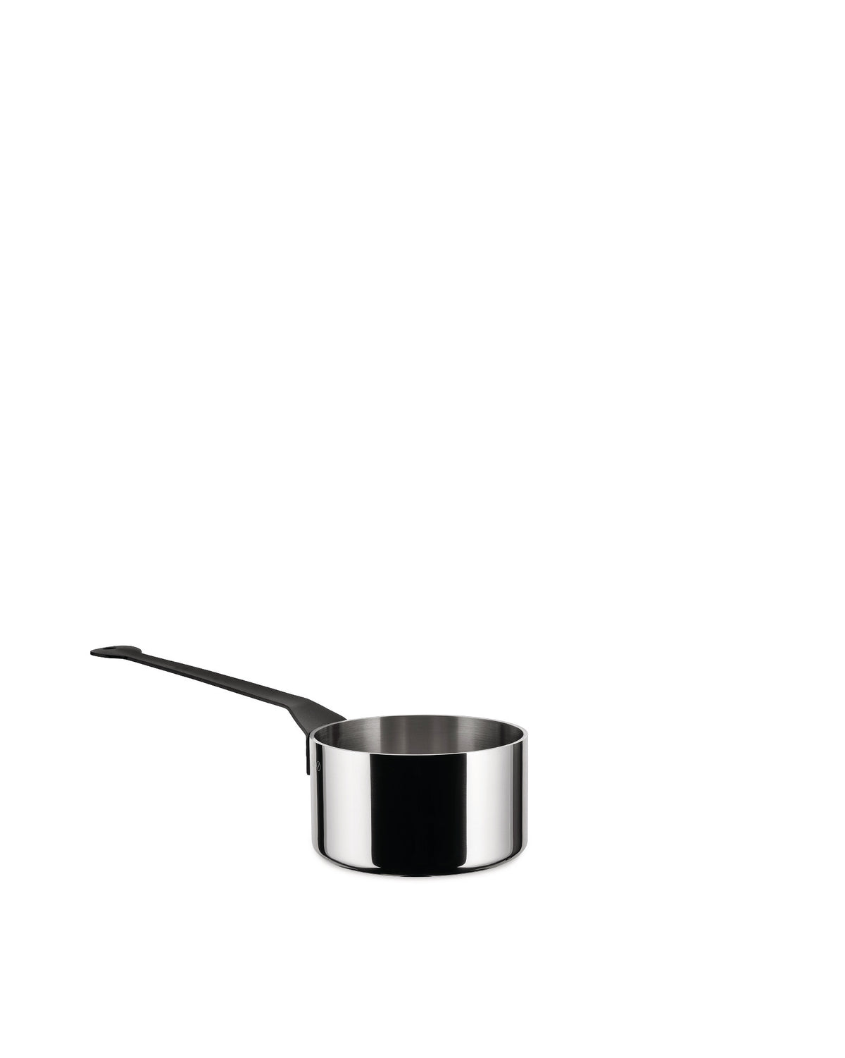 Stainless steel saucepan by Alessi with a long black handle, shown from an angled view.