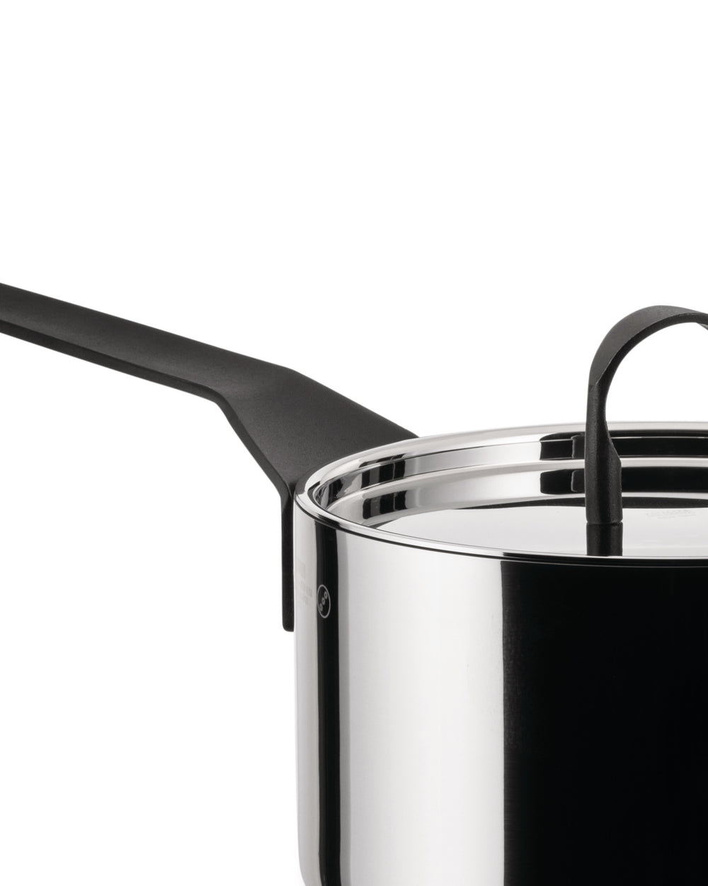 Stainless steel saucepan by Alessi with a black ergonomic handle and a matching lid with a black knob, cropped.