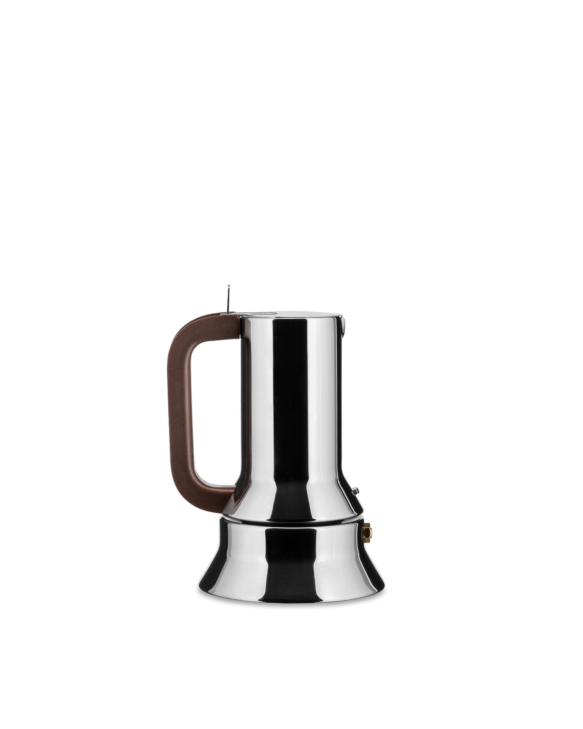 Sleek silver stainless steel espresso maker by Alessi, with a prominent brown handle.