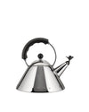 Conical polished stainless steel kettle by Alessi with a black arched handle and bird-shaped whistle.