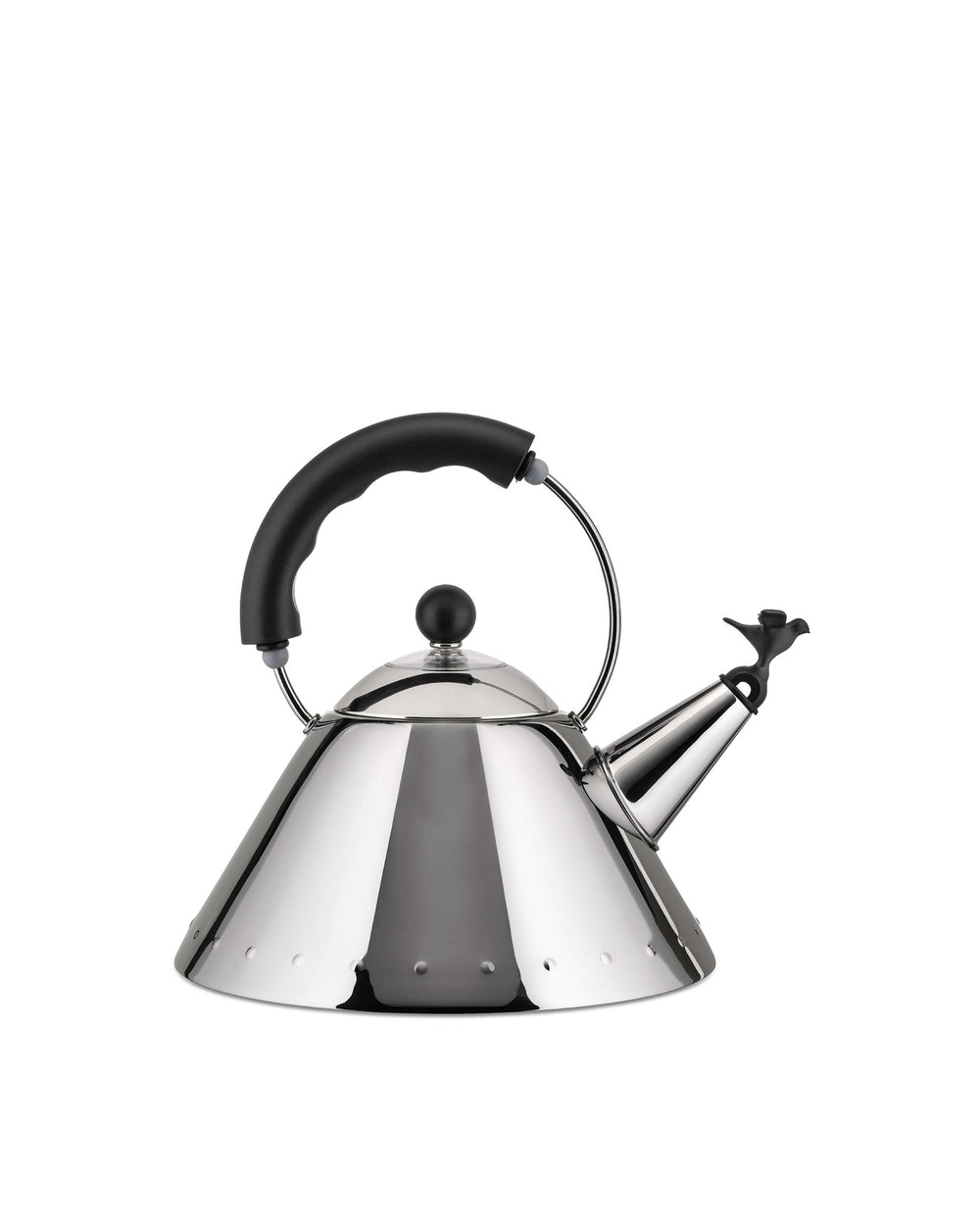 Conical polished stainless steel kettle by Alessi with a black arched handle and bird-shaped whistle.