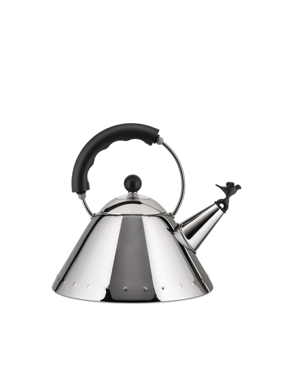 Conical polished stainless steel kettle by Alessi with a black arched handle and bird-shaped whistle.
