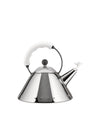 Chrome-plated stainless steel kettle with a white handle by Alessi, featuring a conical base, black knob, and a bird-shaped whistle.