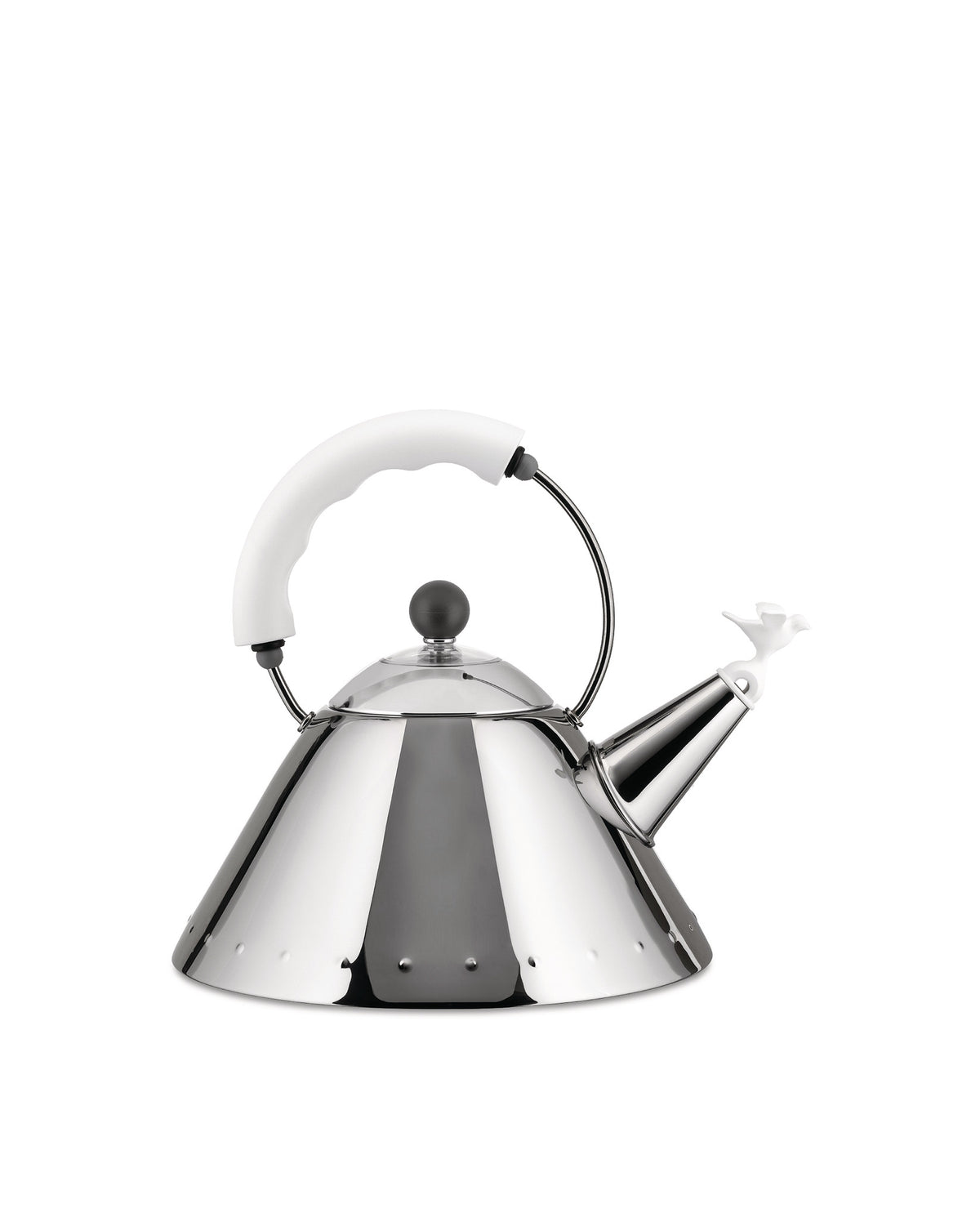 Chrome-plated stainless steel kettle with a white handle by Alessi, featuring a conical base, black knob, and a bird-shaped whistle.
