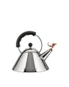 Polished stainless steel kettle by Alessi with a black handle and a rose gold dragon whistle on the spout.