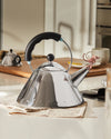 Shiny stainless steel whistling tea kettle by Alessi, featuring a rose gold dragon-shaped whistle and a black handle.