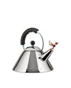 Polished chrome whistling kettle by Alessi features a black handle with blue accents, a rose gold dragon whistle, and perforated base.