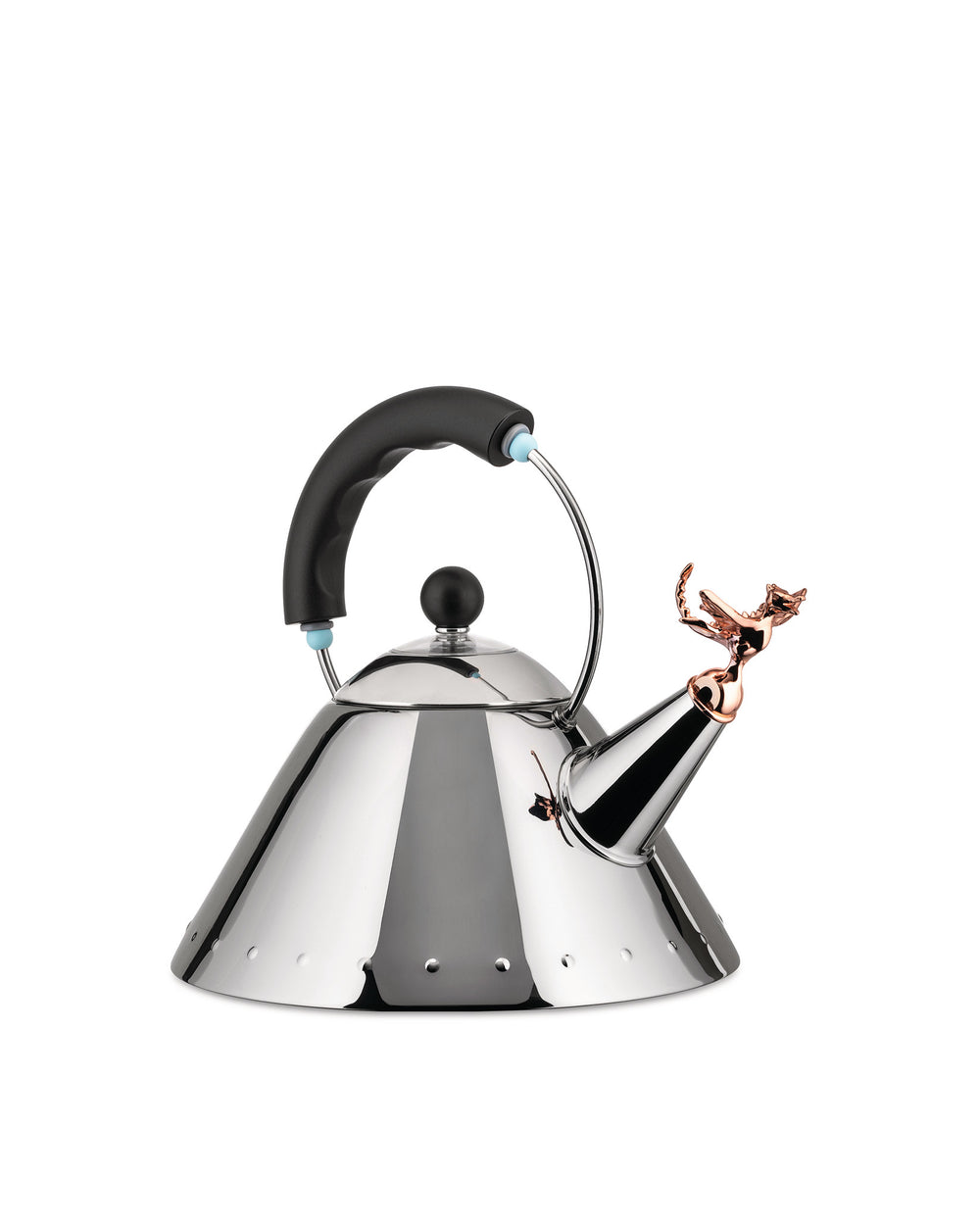 Polished chrome whistling kettle by Alessi features a black handle with blue accents, a rose gold dragon whistle, and perforated base.