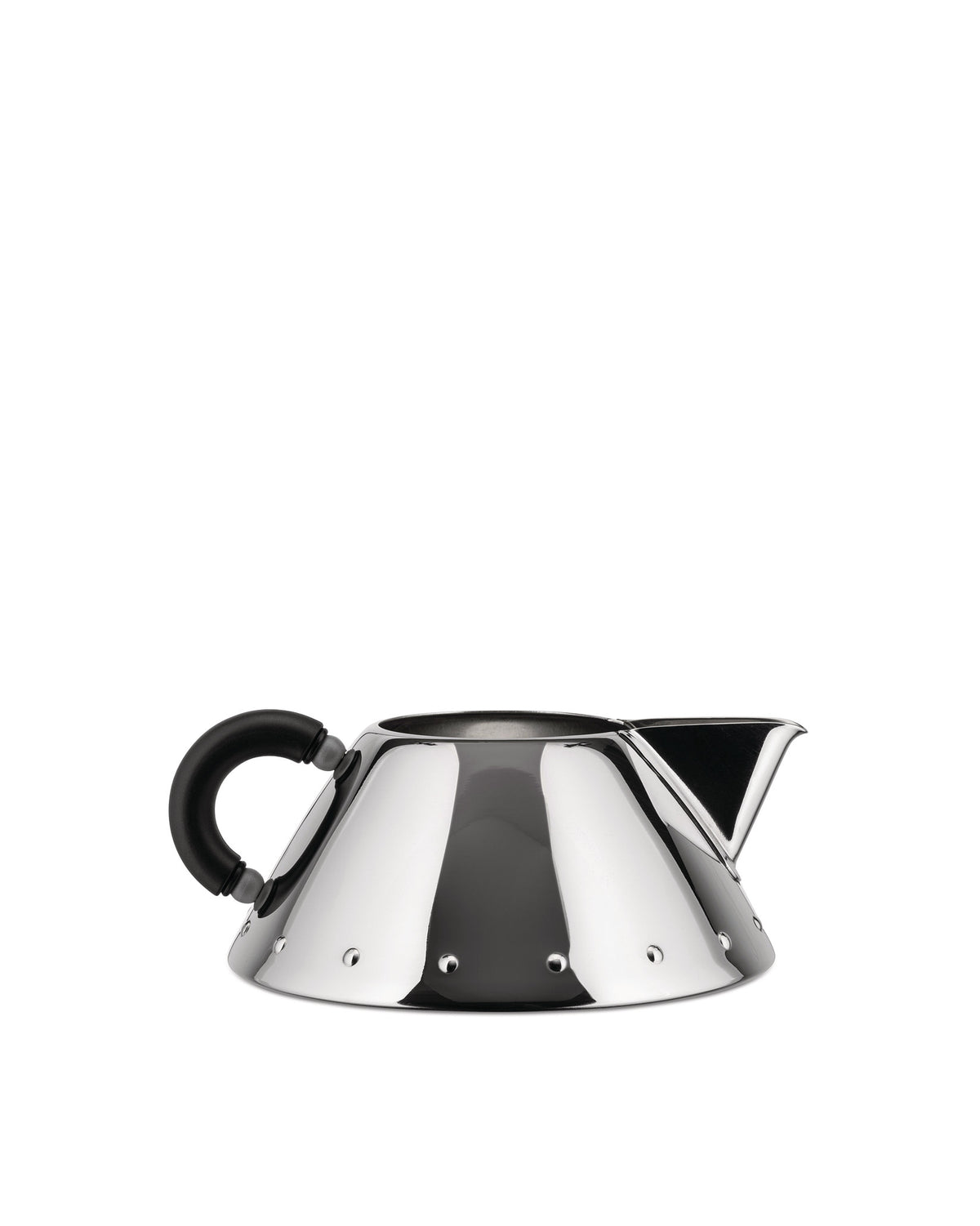 Silver metal kettle by Alessi, with a conical body, black handle, and decorative studs.