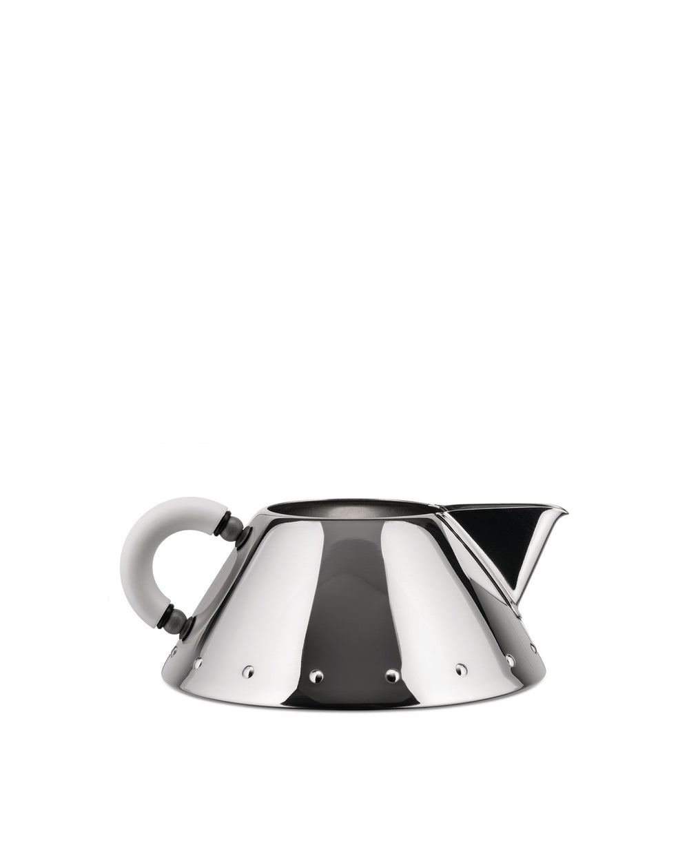 Conical polished stainless steel kettle by Alessi with a white curved handle and small rivets.