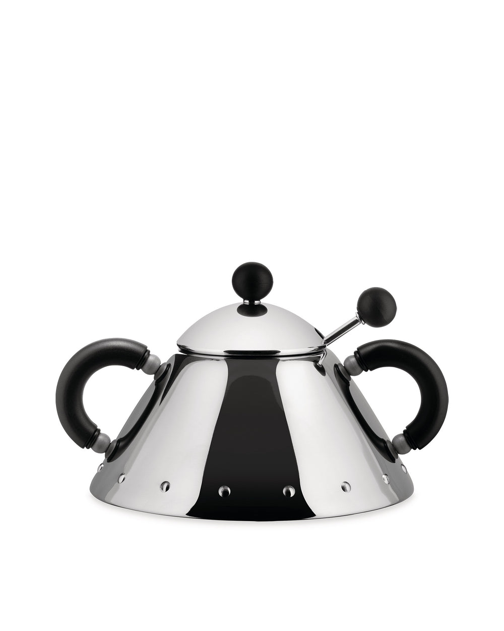 Polished stainless steel sugar bowl by Alessi with black handles, a domed lid, and a matching serving spoon.