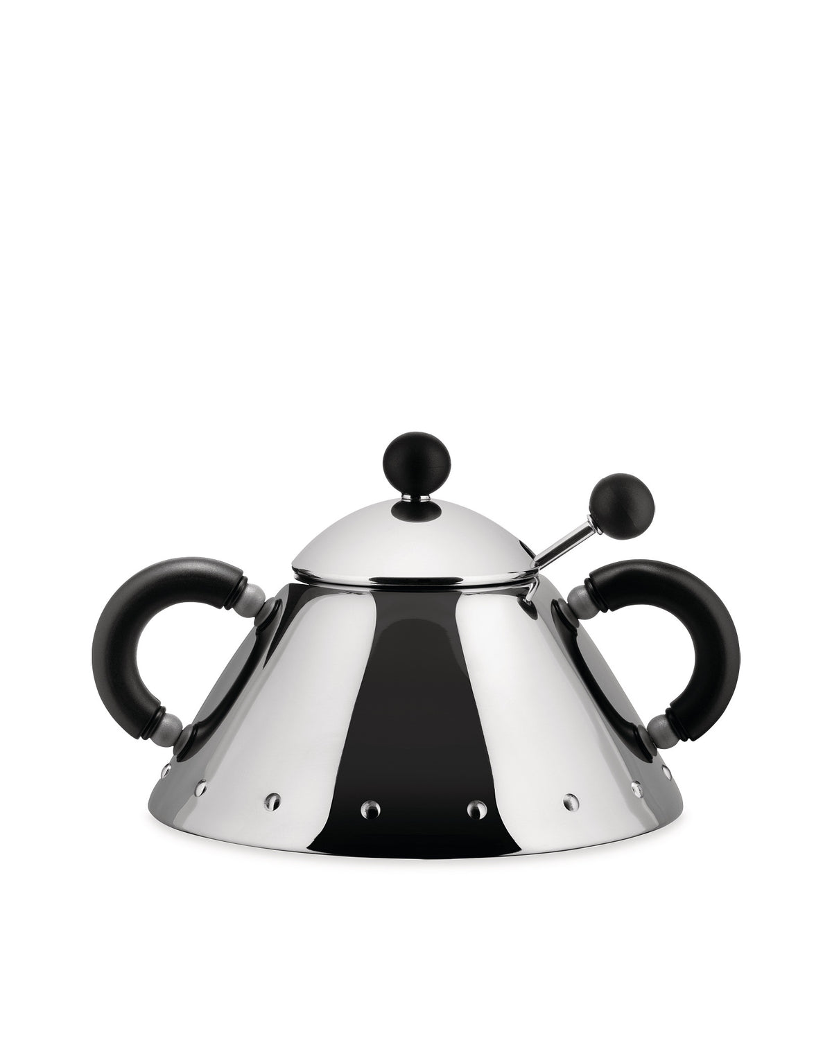 Polished stainless steel sugar bowl by Alessi with black handles, a domed lid, and a matching serving spoon.