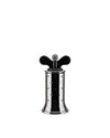 A polished metal pepper mill by Alessi, featuring a perforated body and a black winding key-style top.