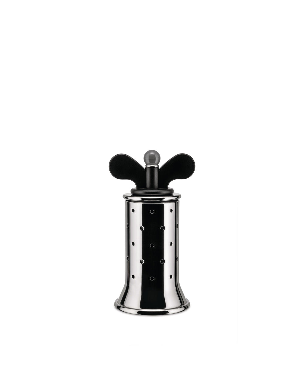 A polished metal pepper mill by Alessi, featuring a perforated body and a black winding key-style top.