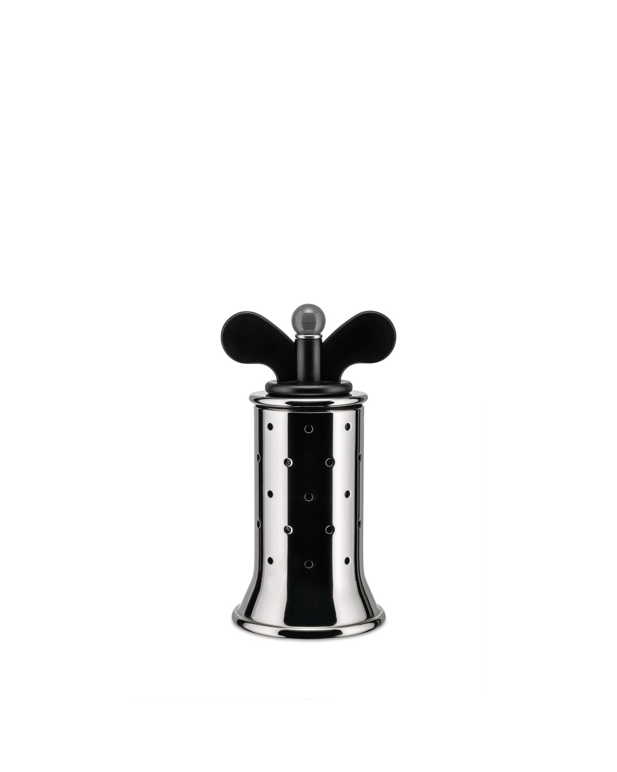 A polished metal pepper mill by Alessi, featuring a perforated body and a black winding key-style top.